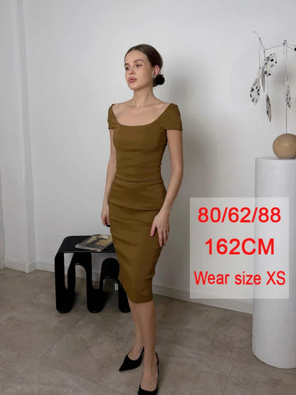 Elegant Knee Length Midi Dress Olive Green One Piece Women Dress Slim Square Neck and Cape Sleeve Office Lady Dress