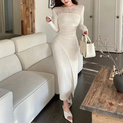 maoxiangshop-Women's Casual Dress 2024 New Elegant Temperament Splicing Lace Square Neck Shrinking Pleated Waist Brushed Long Sleeve Dresses