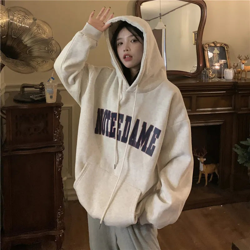 maoxiangshop 2023 Autumn Women Letter Print Oversized Hoodie Harajuku High Street Loose Hooded Sweatshirt Y2k Clothes Streetwear Pullover Top