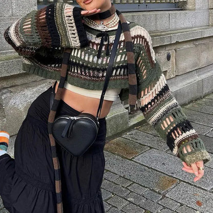 Y2K Women Crochet Shrug Pullovers Sweater Crop Top Patchwork Crewneck Long Sleeve Hollow Out Grunge Tops Vintage Streetwear