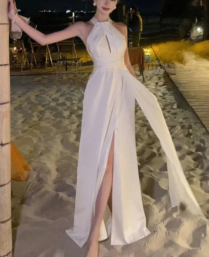 maoxiangshop DRESS TO IMPRESS Elegant Sexy Backless Solid Long Dress Birthday Evening Party Halter Designer White Robe Summer Women Fashion Wedding Vestidos