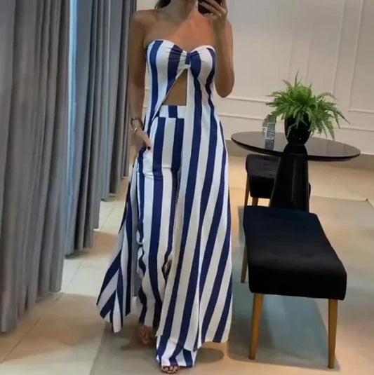 maoxiangshop Womens Two Piece Sets Outfit Striped Sexy Navel Exposed Bra Long Upper Pants Skirt Set New Fashion 2024 Summer Casual