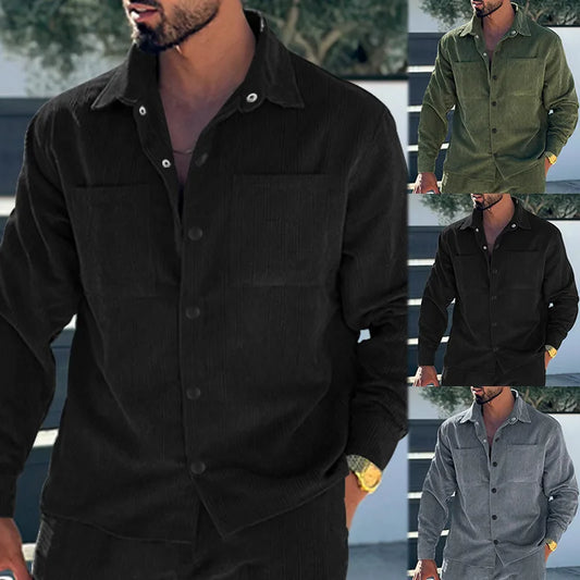 maoxiangshop Autumn New Men's Shirt High Quality Corduroy Leisure Multi-pocket Solid Color Cargo Shirt Cardigan Men's Clothing