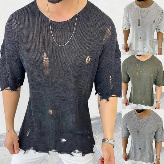 maoxiangshop Mens Sweaters Korean Advanced Knitwear Hole Autumn Winte Loose Knit Leisure Sweater Couples Men's Clothing Pullover