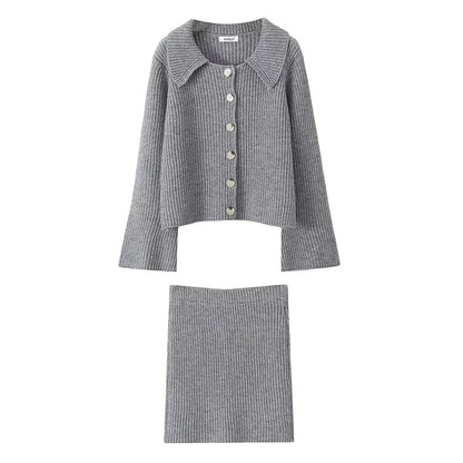 maoxiangshop  -  Autumn Knit Two Piece Sets Women Knitwear Jumper Loose Tops Long Sleeve Jacket Sweater Cardigan High Waist Skirt Mini Skirts
