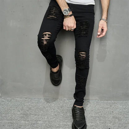 maoxiangshop Streetwear Ripped Slim Men Pencil Jeans Pants Stylish Male Hip Hop Stretch Holes Casual Denim Trousers