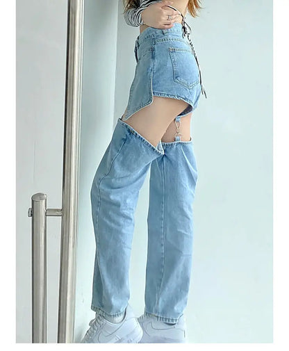 Women Jeans Hole Ripped High Waist Denim Harajuku Wide Leg Loose Ins Chic BF Vintage Casual Female Pants Baggy Trousers