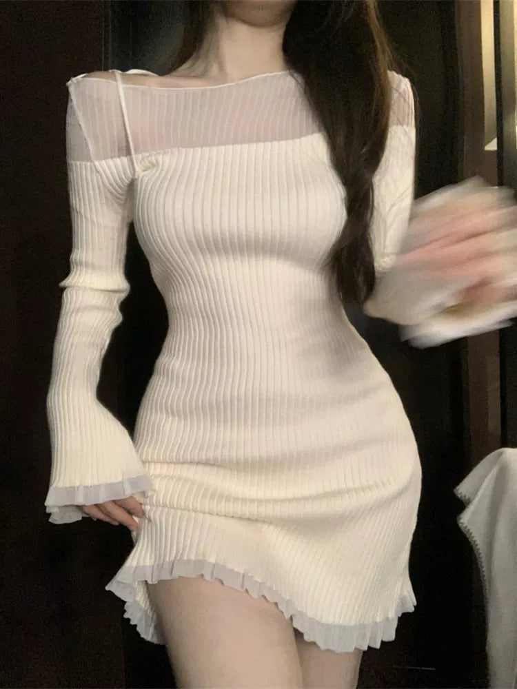 Slim Bodycon Y2k Mini Dress Female Party Casual One Piece Dress Korean Fashion 2023 Spring French Elegant Knitted Dress Woman