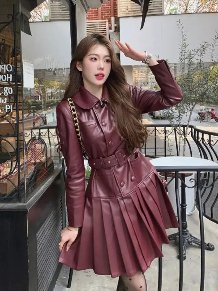 maoxiangshop  -  Autumn New Retro Red French High end Hepburn Style Polo Neck Leather Dress for Women Waist Slimming A-line Pleated Mini Dress