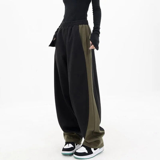 maoxiangshopHip Hop Women Contrast Color Wide Leg Pants Spring Summer Streetwear Fashion Elastic Waist Loose Sports Casual Straight Trousers