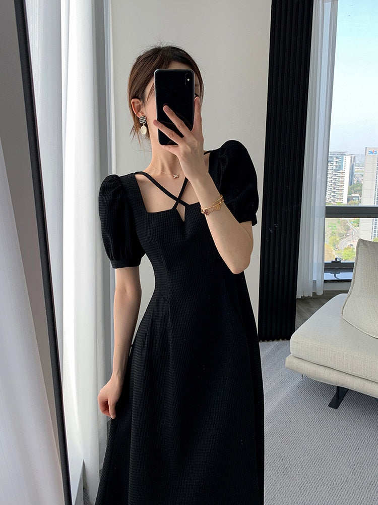 maoxiangshop Summer Women Fashion Elegant Casual Solid Puff Sleeve Midi Dresses Evening Office Lady Female A Line Clothes Vestdios Black