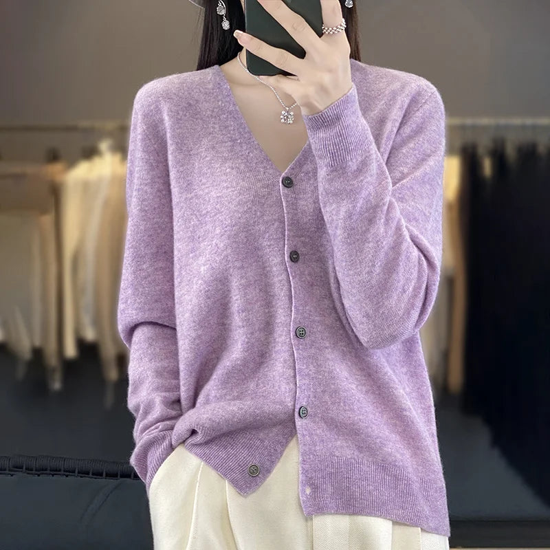 maoxiangshop New Fashion Spring Autumn 100% Merino Wool Women's V-neck Cardigan Cashmere Sweater 2024 Female Knitwear Clothing Korean Tops