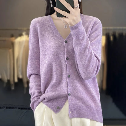 maoxiangshop New Fashion Spring Autumn 100% Merino Wool Women's V-neck Cardigan Cashmere Sweater 2024 Female Knitwear Clothing Korean Tops