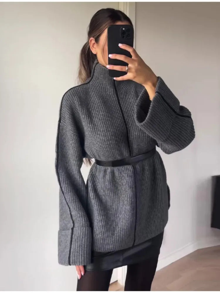 maoxiangshop -  Women's Fashion Patchwork Turtleneck Sweater Tops Autumn Loose Sleeve Knitted Pullover Female Elegant Lady Chic Knitwear