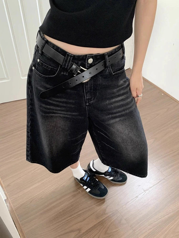 Y2K High Waist Wide Leg Denim Shorts Women Fashion Casual Vintage Streetwear Mid Long Pants Harajuku Baggy Loose Jeans Black New