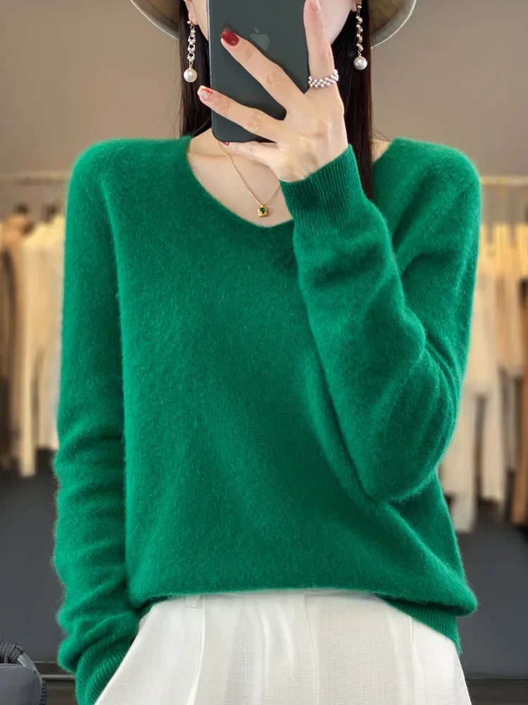 maoxiangshop Pure Wool V-Neck Sweater Women's Short Autumn And Winter All Loose And Thin Pullover Sweater Base Shirt Solid Color Authentic