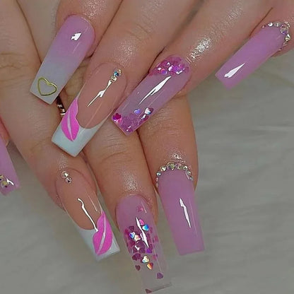 maoxiangshop 24pcs Long Coffin Purple False Nails Ballet Simple Glitter with Glue French Design Wearable Fake Nails Artificial Nail Tips