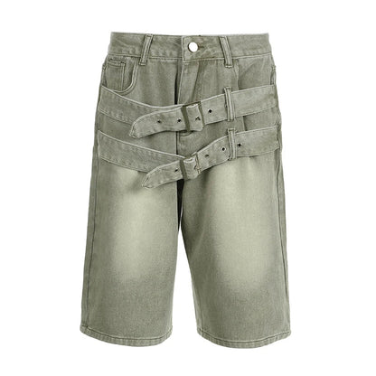 Streetwear Distressed Buckle Straight Denim Shorts Vintage Casual Washed Summer Shorts Women Jeans Cargo Style Bottom