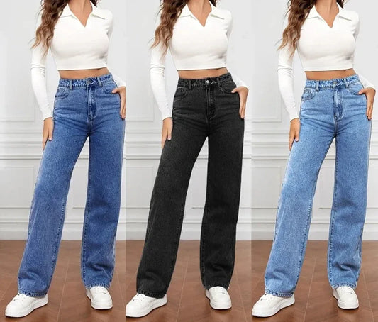 maoxiangshop Denim Jeans Women Straight Pants Washing High Waist Loose Pockets Basics Ankle Length Y2k Blue Pants Streetwear Slight Strech