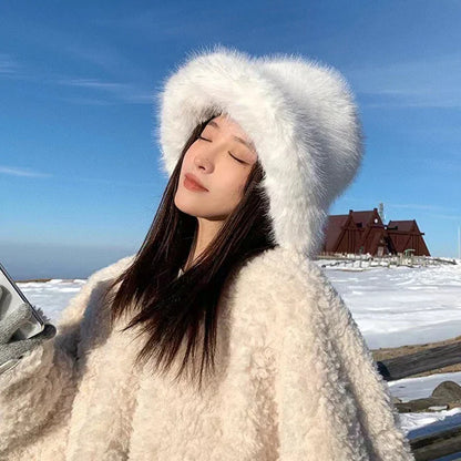 maoxiangshop  -  Y2K Fluffy Faux Fur Bucket Hat Women Winter Warm Thick Plush Ear Warmer Panama Fisherman Cap Lady Luxury Elegant Party Basin Hat