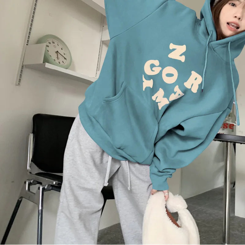 maoxiangshop Korean Autumn Winter Letter Print Hoodie Women Casual Long Sleeve Pullover Tops Hood Shirt Harajuku Oversize Sweatshirt Y2k 후드티