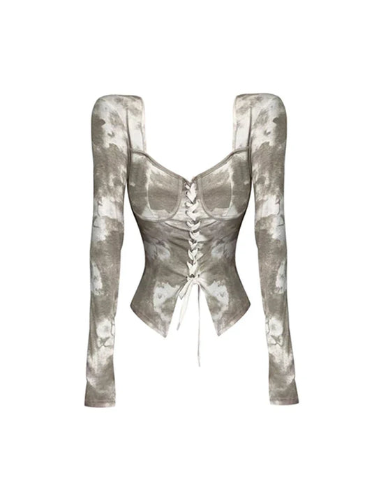 Spring Women Dark Academia Design Tie Dye French Square Collar T-Shirts Long Sleeve Slim Tees Crop Tops Gyaru Aesthetic Tide Hot