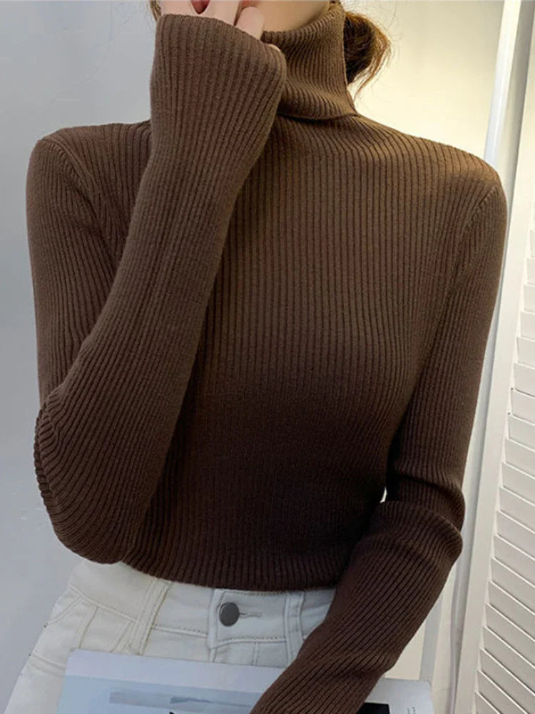 maoxiangshop New Women Pullover Turtleneck Sweater Autumn Long Sleeve Slim Elastic Korean Simple Basic Cheap Jumper Solid Color Top