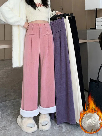 maoxiangshop Winter Thicken Wide Leg Corduroy Pants Warm Velvet Lined Casual Thick Plush High Waist Trouser Korean Women Snow Wear Pantalones