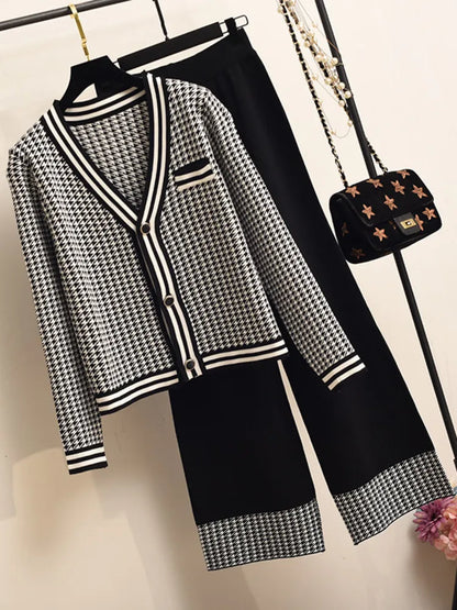 Autumn Knit 2 Piece Set Women Houndstooth Cardigan Sweater + Wide-Leg Pants Two Piece Outfits Women Crop Top Trousers Suits