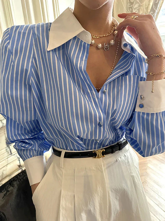 maoxiangshop-Jmprs Elegant Women Shirts Korean Striped Red Fashion Turn Down Collar Office Ladies Tops Long Sleeve Causal Female Blouse