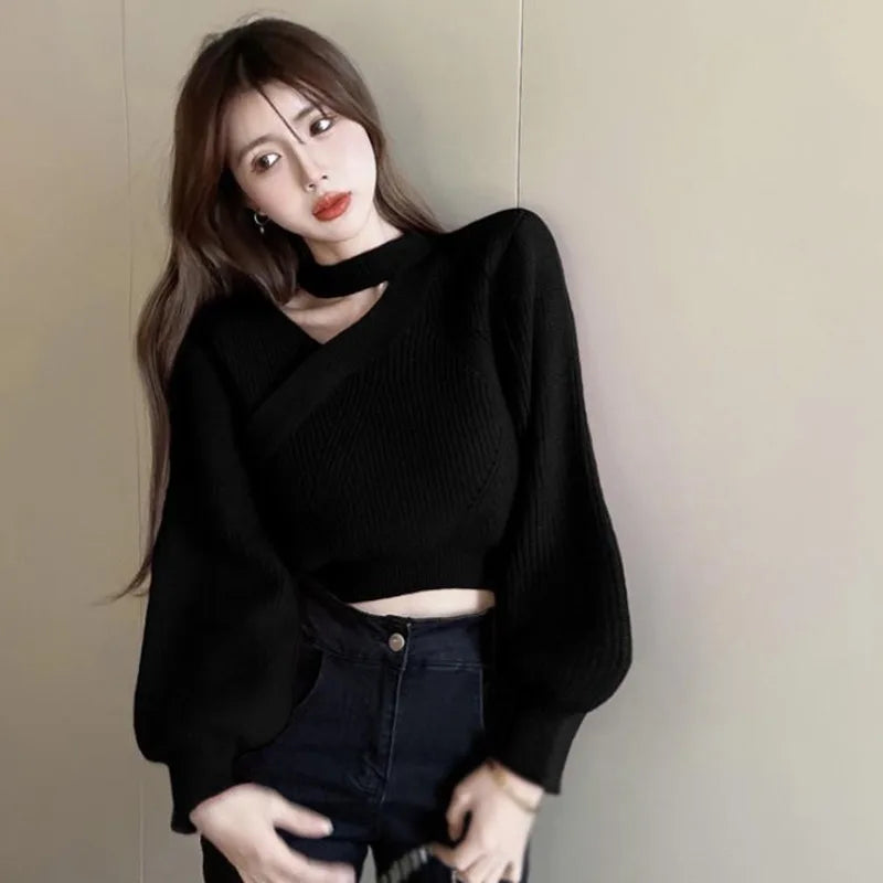 maoxiangshop Women Christmas Sweater Autumn Winter Long Sleeved Sweater Warm V-neck Off Shoulder