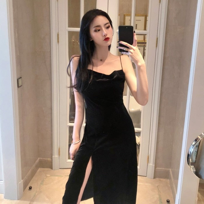 maoxiangshop New Vintage Women Dress Spaghetti Strap Slit Velvet Black Dress Sexy Bodycon Bandage Dress Midi Party Dress Verano Vestidos