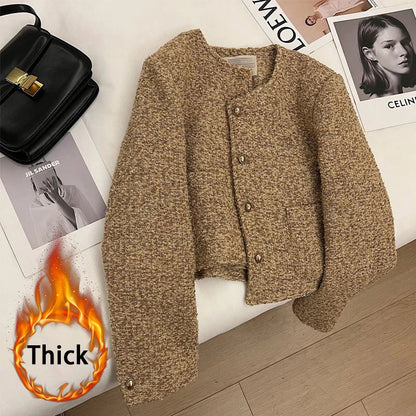 Vintage Tweed Jacket Women Cropped Quilted Coat Winter Elegant Blazer Ladies Korean Thicken Chic Short Suit Outerwear New