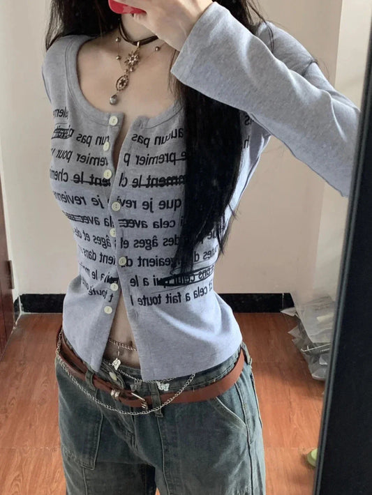 maoxiangshop-Korean Style Vintage Gray Crop T Shirts Women Streetwear Letter Print Casual Tops Mujer Slim Long Sleeve Tees Autumn