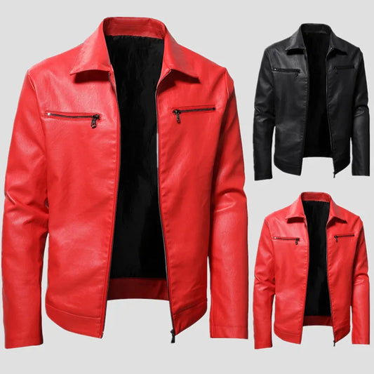 maoxiangshop Men Quality Casual PU Leather Coat Red Slim Rider Style Leather Jacket Popular Young Leather Jackets