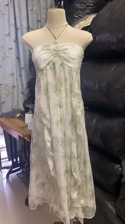 Elegant Sleeveless Midi Dresses For Women Beach Style Chiffon Hanging Neck Strap Casual Holiday Sundress One Piece Vestidos