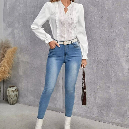 maoxiangshop Cotton V-neck Long Sleeve Shirt White Lace Office Tops And Blouses Women Autumn New Petite XS Size Top Femme Shirts Blouse