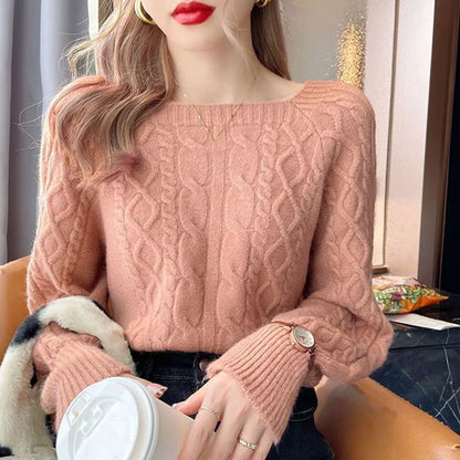 maoxiangshop Casual Knitted Sweater Women Pullover Autumn Winter Soft Thick Warm Wool Jumper Female All-Match Square Collar Sweaters