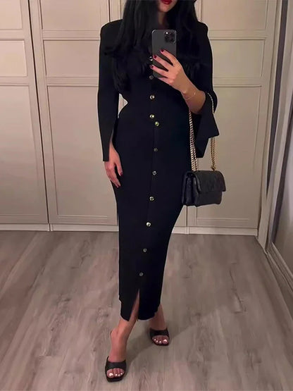 maoxiangshop  -  Elegant Women's Sets Autumn O-neck Buttons Black Knitted Cardigan Midi Skirts Suits Woman Sheath Elegant Solid Sets Office Lady