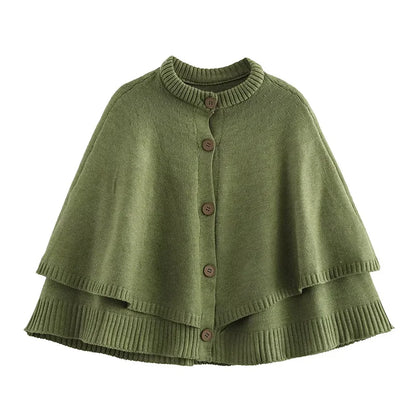 maoxiangshop  -  Chic Knitted Cape Cardigan Women Casual Solid Single-Breasted O-neck Sweaters Female Autumn Loose Versatile Simple Knitwear
