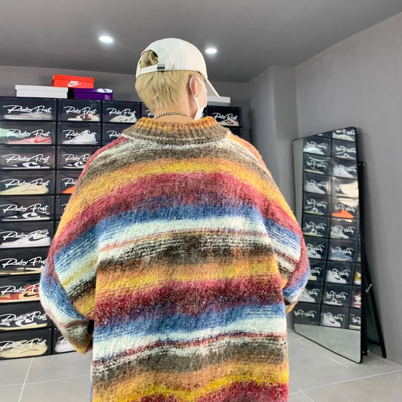 maoxiangshop Striped Cardigan Sweater Men Korean Knitted Sweater Pullover Harajuku Hip Hop Streetwear Loose Knitwear Coat Male Clothes