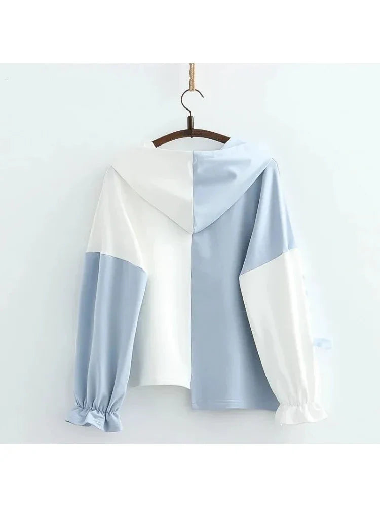 maoxiangshop Pink Patchwork Cotton Hoodies For Women Summer Harajuku Cartoon Print Lace Up Hooded Sweatshirt Sweet Style Ladie Daily Top