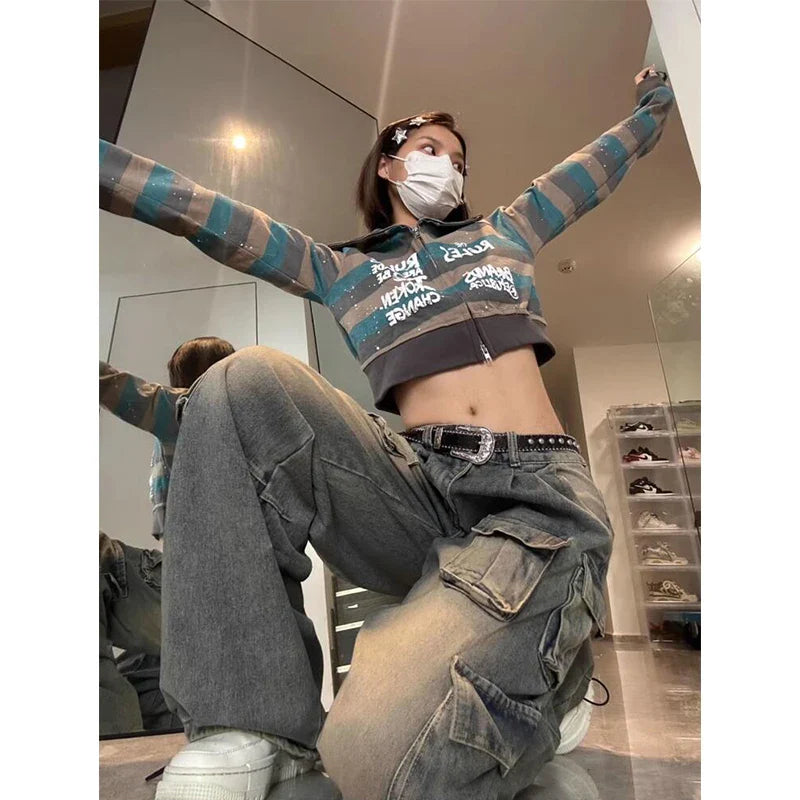 Y2K Cargo Jeans Women Streetwear Multi-Pocket Wide Leg Denim Pants Harajuku Vintage High Waist Baggy Casual Trousers New