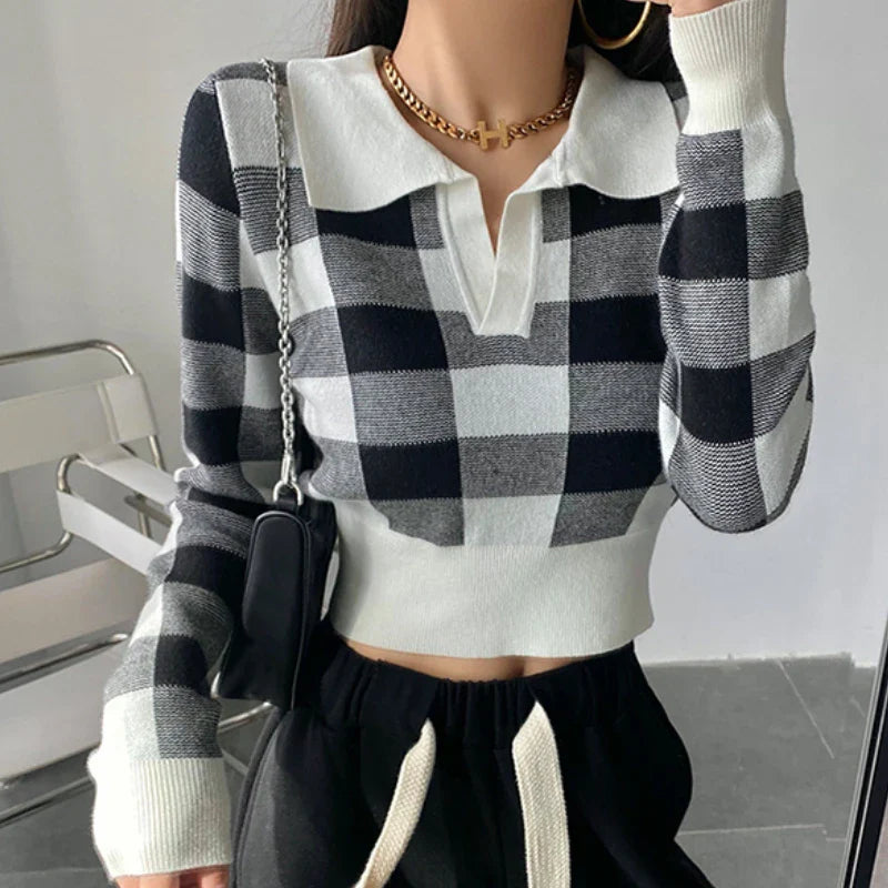 maoxiangshop Autumn Winter Vintage Knitwear Crop Tops Women Pullover Sweaters Fashion Female Long Sleeve Elastic Casual Plaid Knitted Shirts