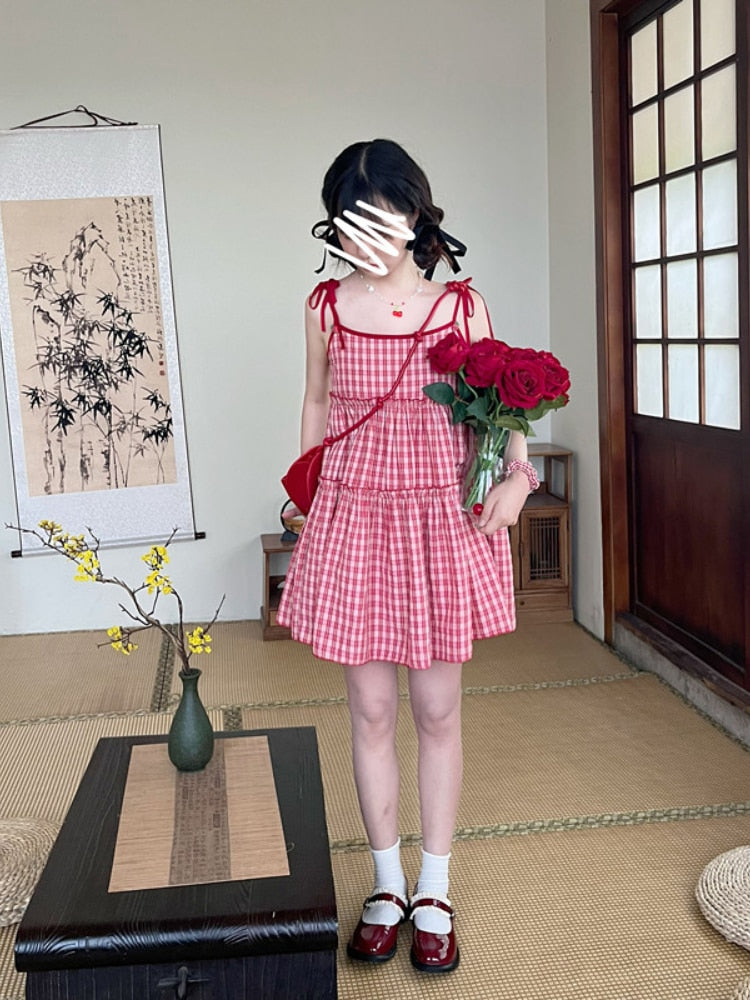 maoxiangshop Japanese Kawaii Lolita Dress Women Sweet Red Plaid Party Mini Dress Female Korean Fashion Loose Y2k Princess Dress New In Autumn