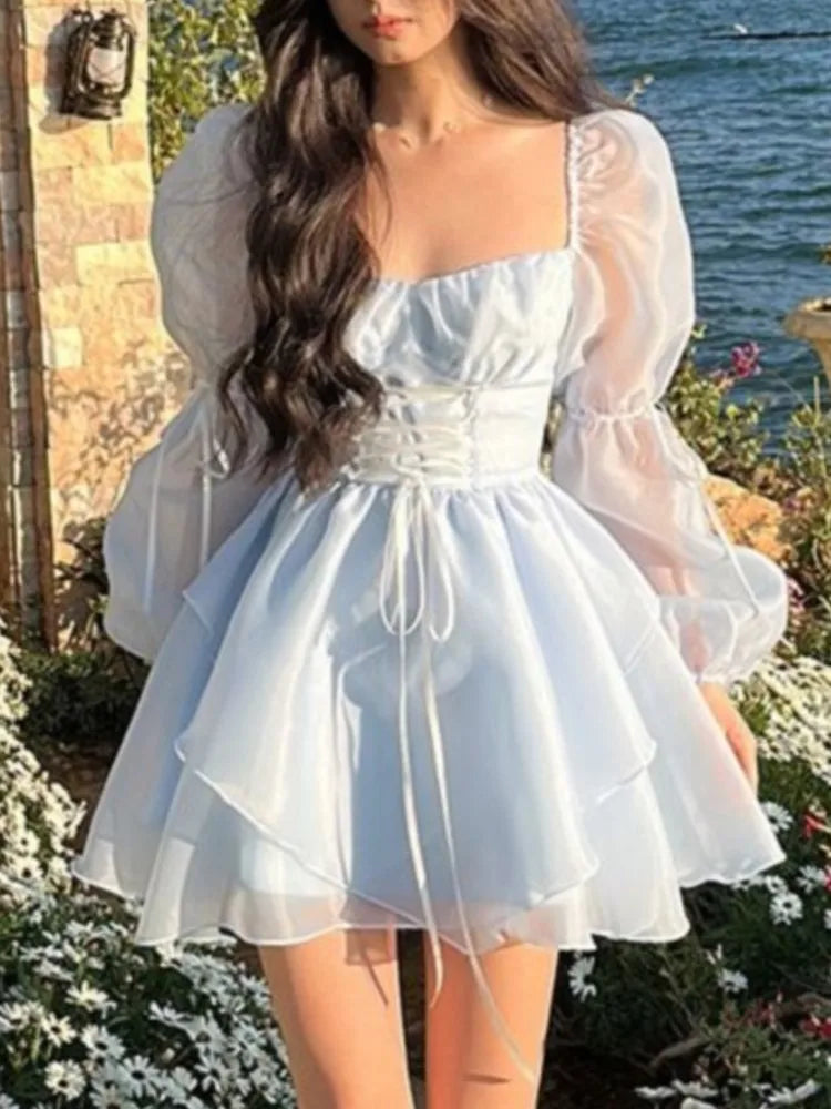 maoxiangshop-Sweet Kawaii Mini Dress Vintage Korean Elegant Fashion Party Dress Women Fairy Princess Puff Sleeve Chic Summer Prom Dress