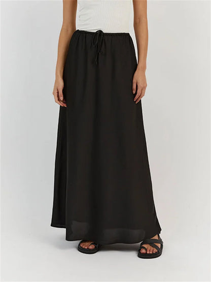 Satin Loose Lace-up Black Skirt Long For Women Casual High Waist Female Skirts Solid Elegant Street Falda Midi Mujer