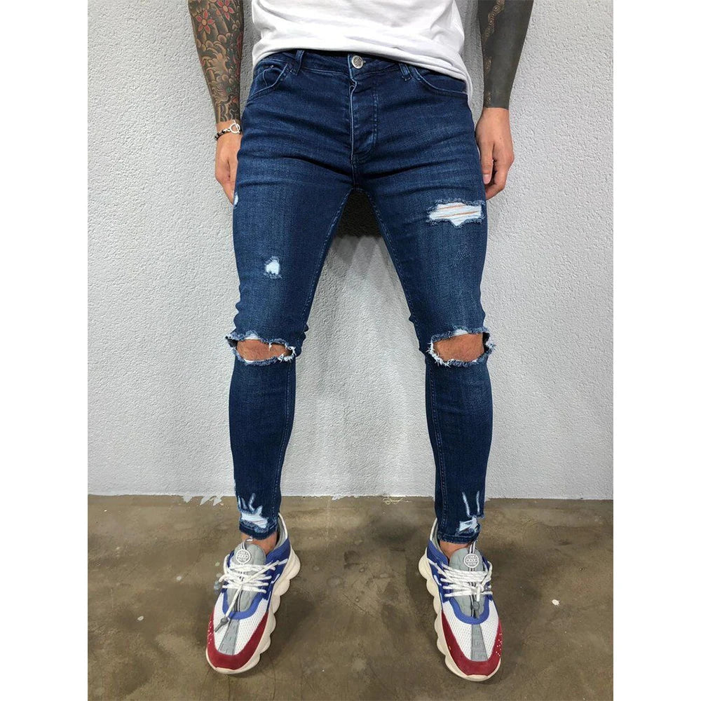 maoxiangshop Distressed Knee Holes Elastic Skinny Jeans Men Ripped Biker Denim Pants Solid Washed Streetwear Black Pantalones Hombre Joggers