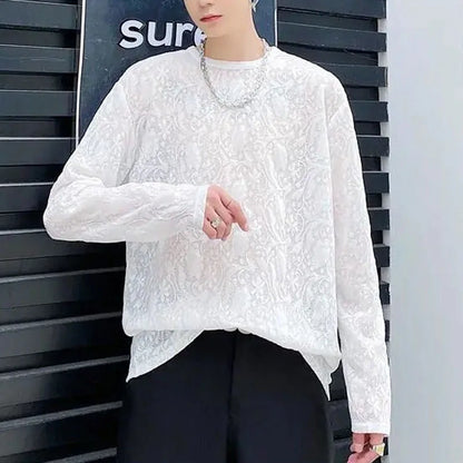 maoxiangshop French Style White Men's Wear Fashion Solid Color Jacquard Weave Tops Men's Summer Thin Style Breathable Long Sleeve T-shirt