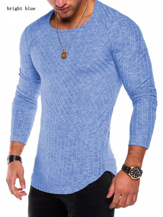 maoxiangshop New Pit Strip Solid Color Stitching Arc Bottom Bottom Shirt Round Neck Men's T-shirt